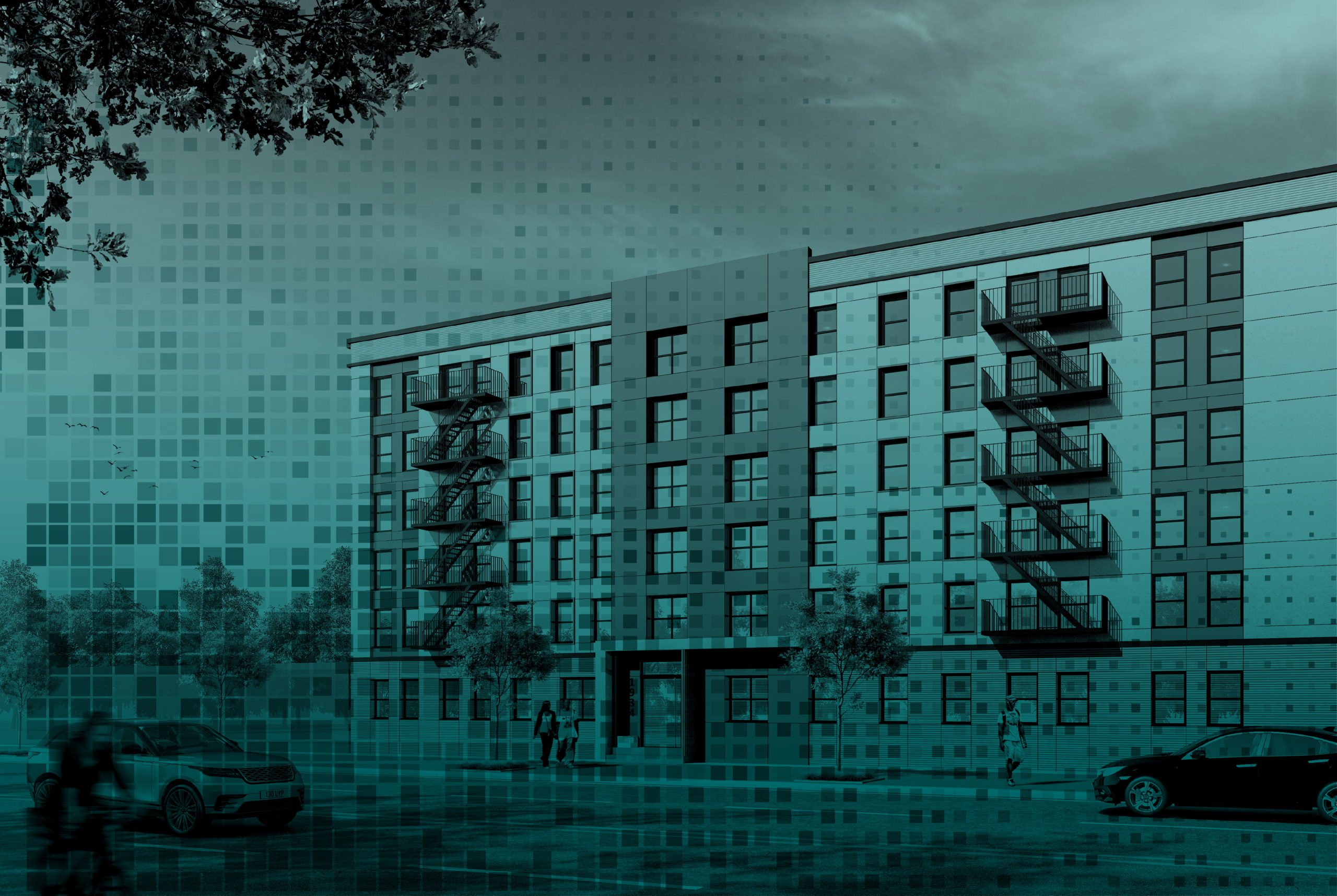 Photo rendering of Harrison building in monocolor (teal)