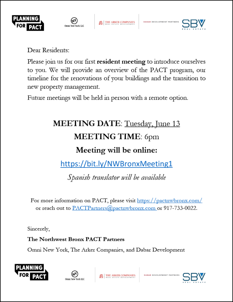 PACT NW Bronx Meeting Flyer